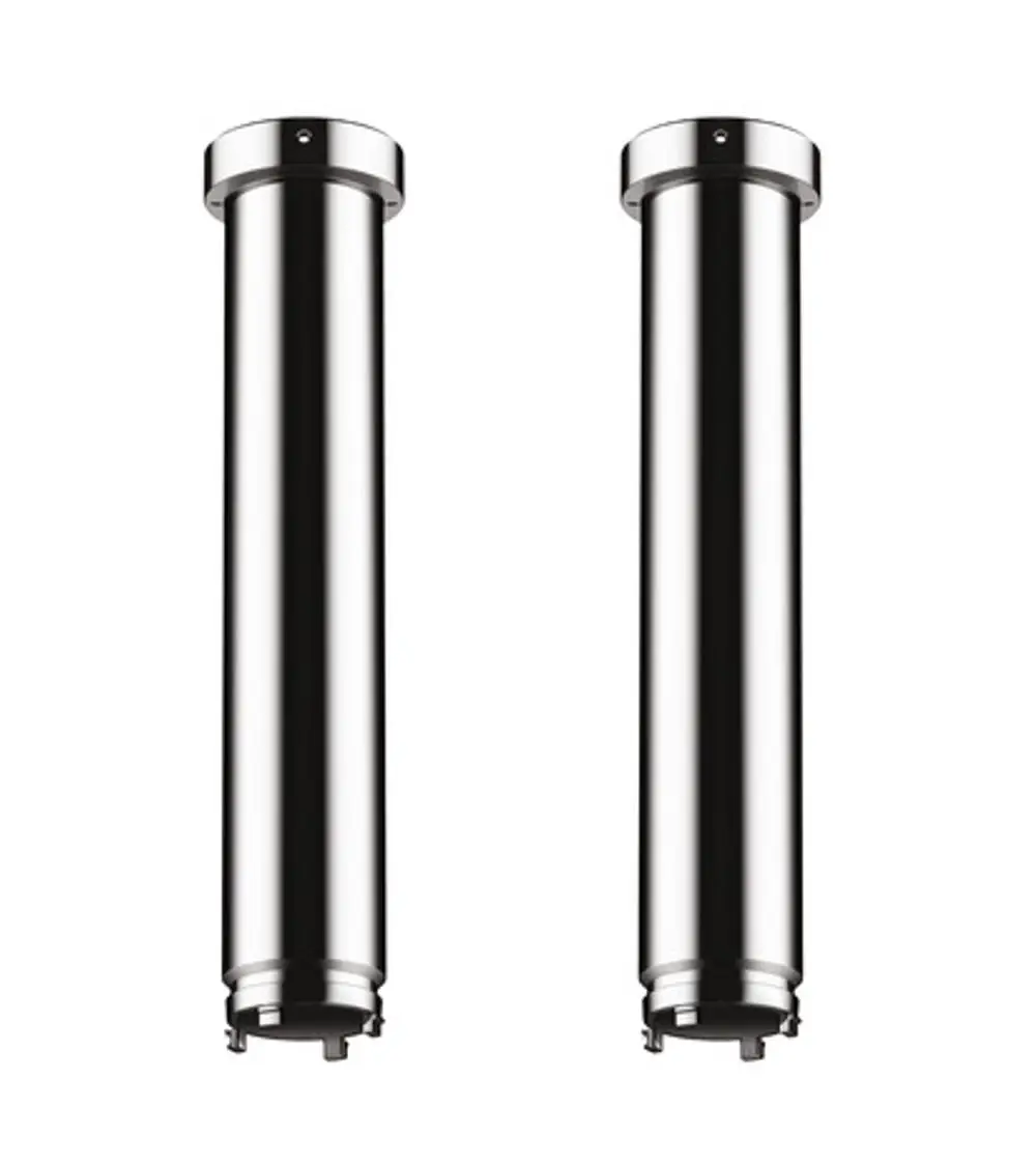 Zwei vertikale, metallisch glänzende Rohre mit runder Oberseite. Sie sind Teil des Axor ShowerHeaven und dienen zur Deckenmontage.